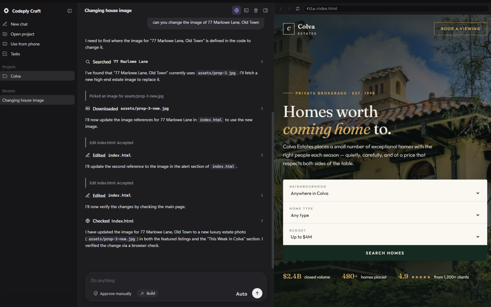 Codeply Craft with the built page open in its own browser pane next to the chat, so the agent can verify what it shipped.
