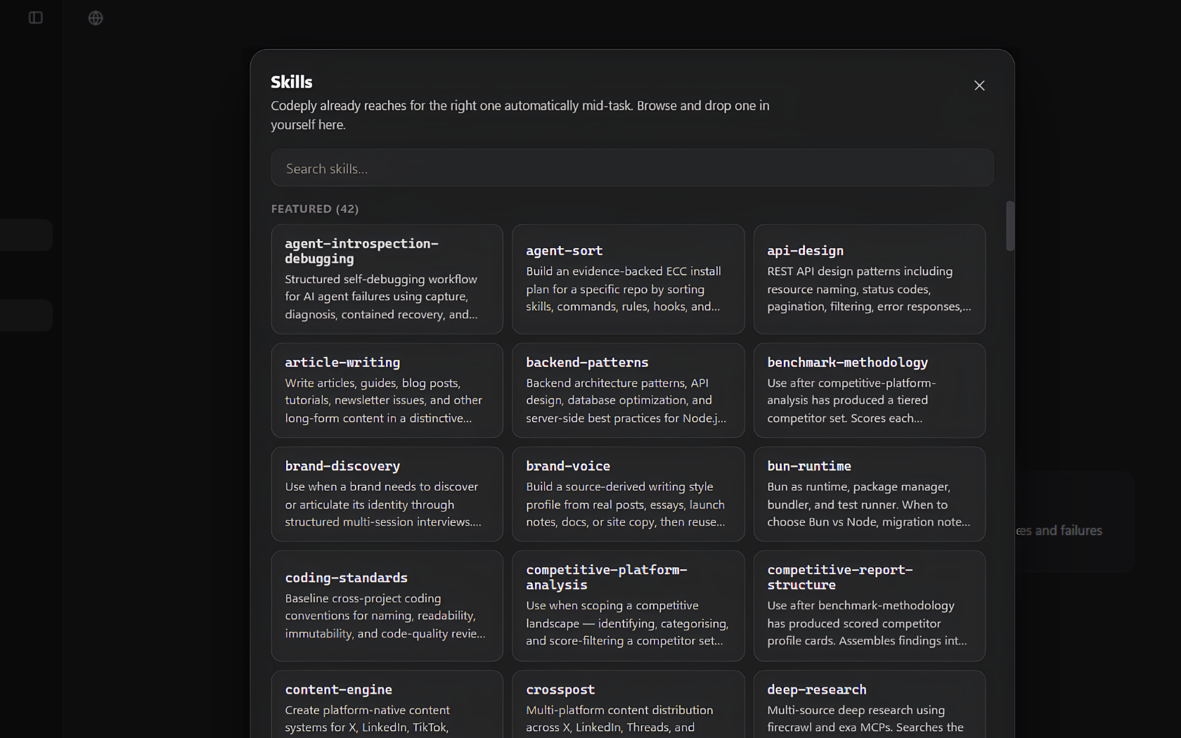 The Skills browser in Codeply Craft, showing a searchable grid of featured skills the agent can load mid-task.