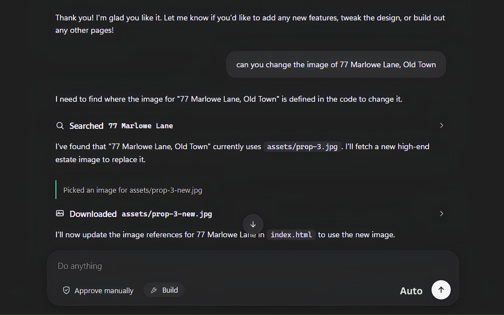 Codeply Craft chat: the agent searches the project for the image it needs to change, downloads a replacement, and says it is about to update index.html — each step shown as it happens.